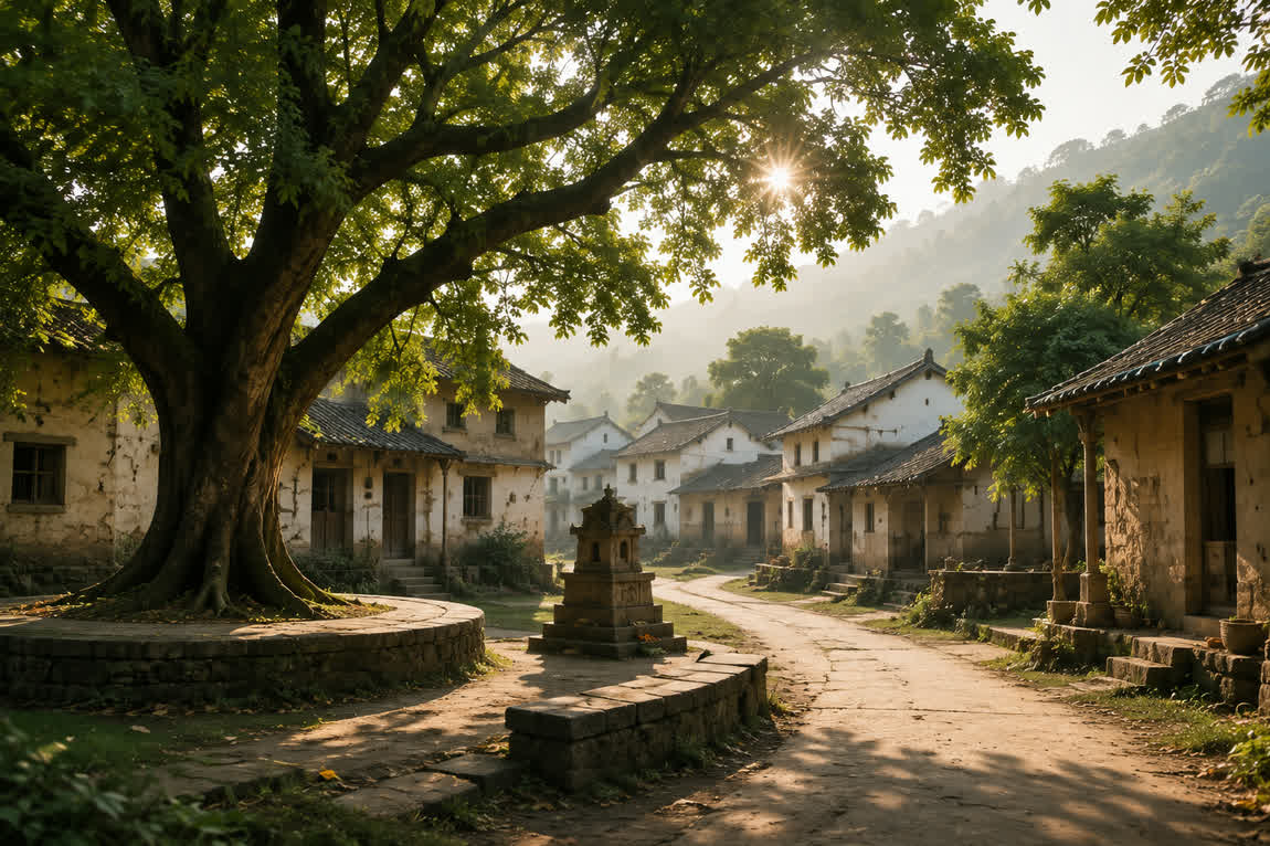 An old countryside village beneath a large tree in early morning sunlight.