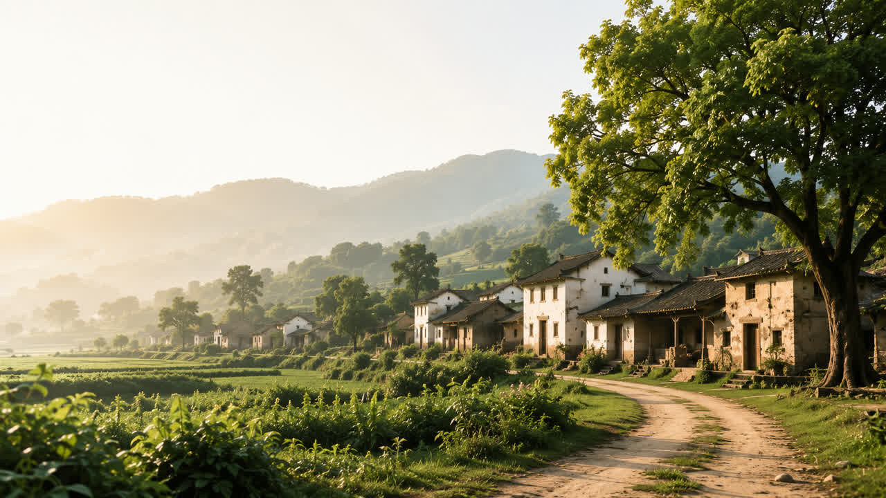 A countryside village at sunrise, with a dirt road running past old houses and green hills beyond.