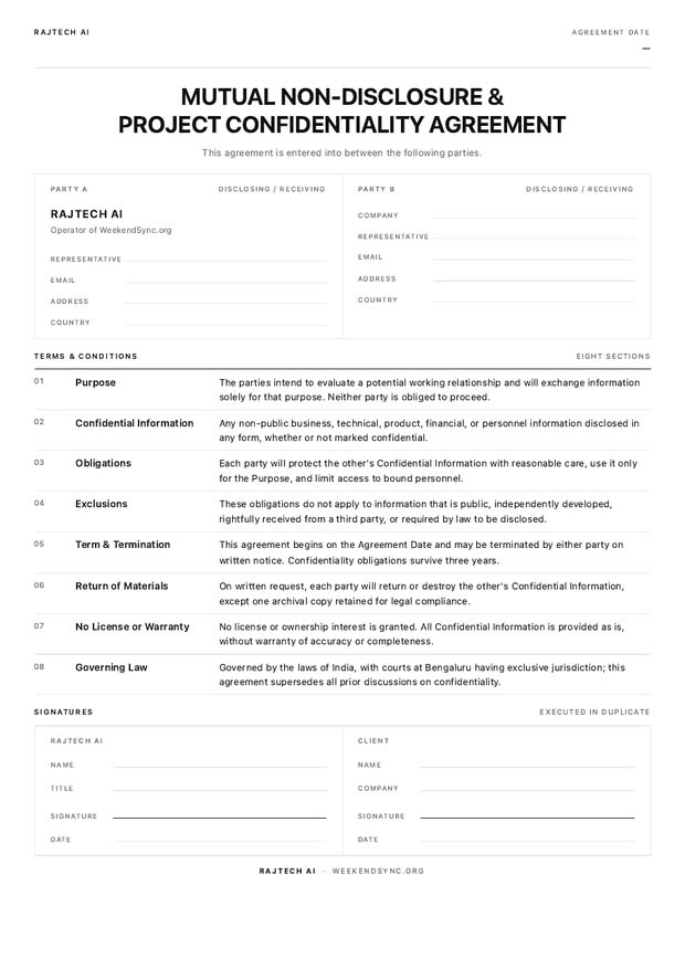First page of the WeekendSync mutual non-disclosure agreement