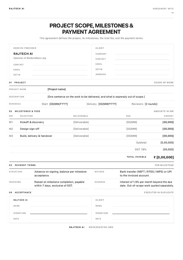 First page of the WeekendSync project scope, milestones and payment agreement